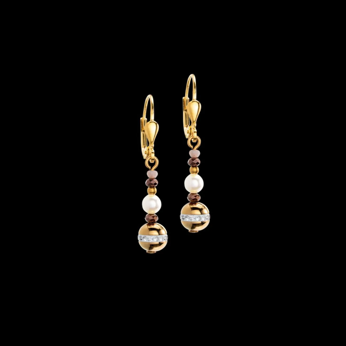 COEUR DE LION Earrings Ball Small Gemstones & Crystal Pearls Brown-Gold