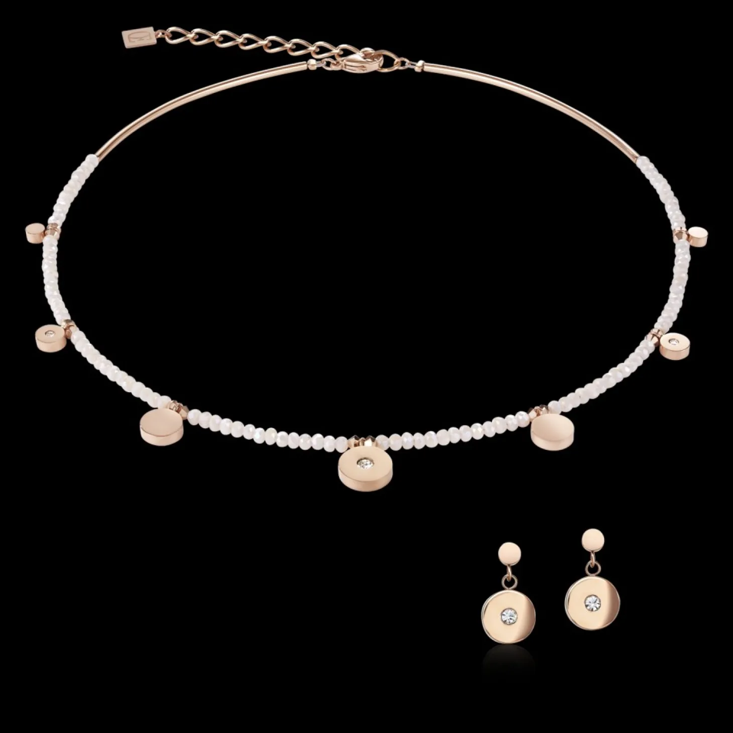 COEUR DE LION Earrings Coins Stainless Steel Rose Gold, Cut Glass & Crystals White