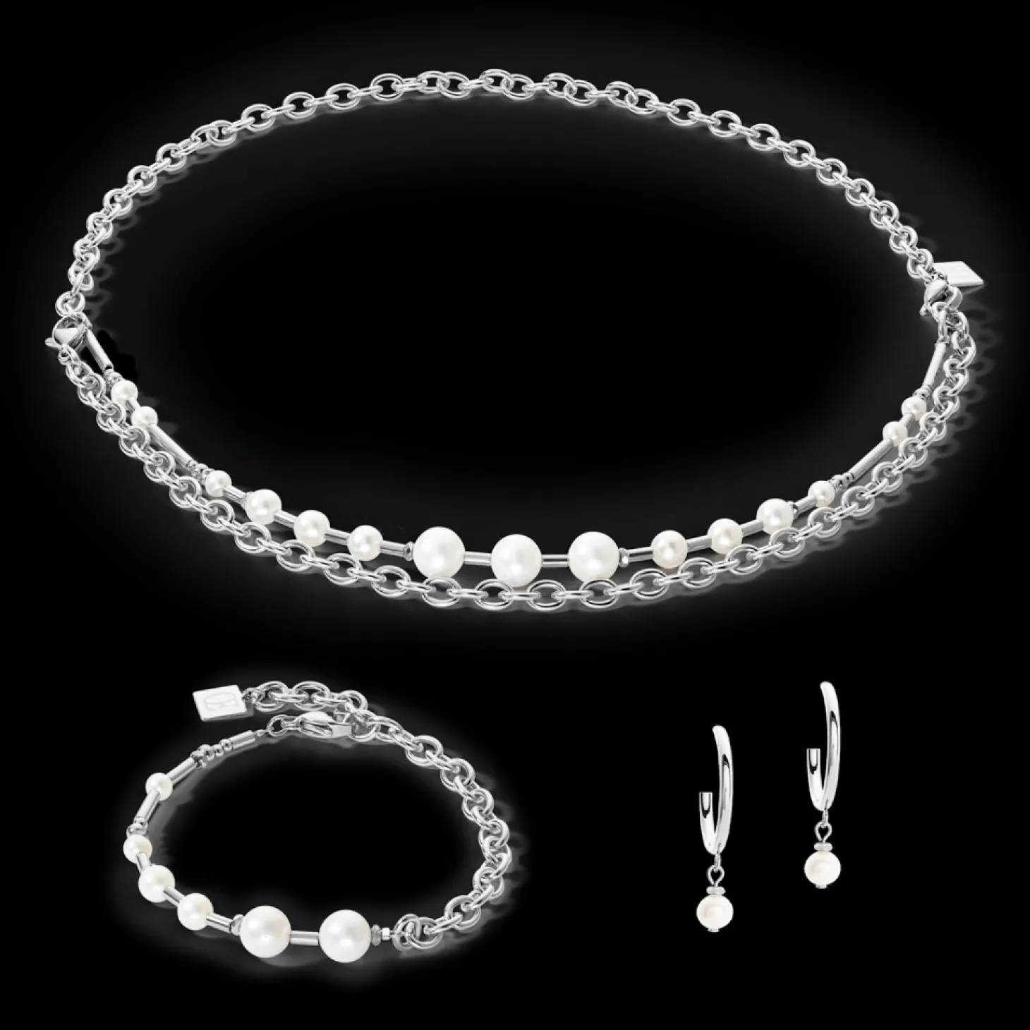 COEUR DE LION Earrings Creole Freshwater Pearls & Chain Multiwear Silver