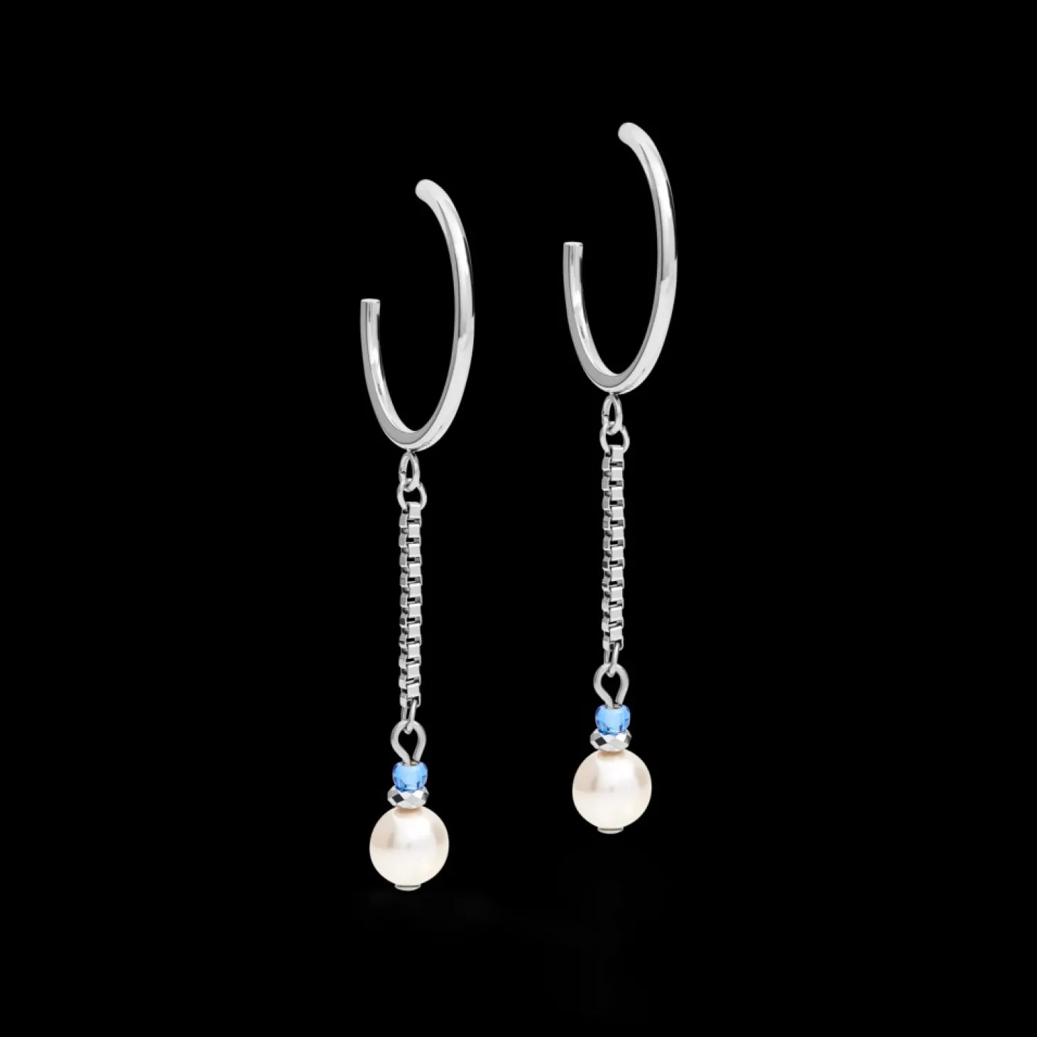 COEUR DE LION Earrings Creole Ypsilon Chain Crystal Pearl, Crystals & Stainless Steel Silver-Light Blue