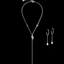 COEUR DE LION Earrings Creole Ypsilon Chain Crystal Pearl, Crystals & Stainless Steel Silver-Light Blue