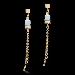 COEUR DE LION Earrings Geocube® Double Chain Long Stainless Steel Gold-Blue