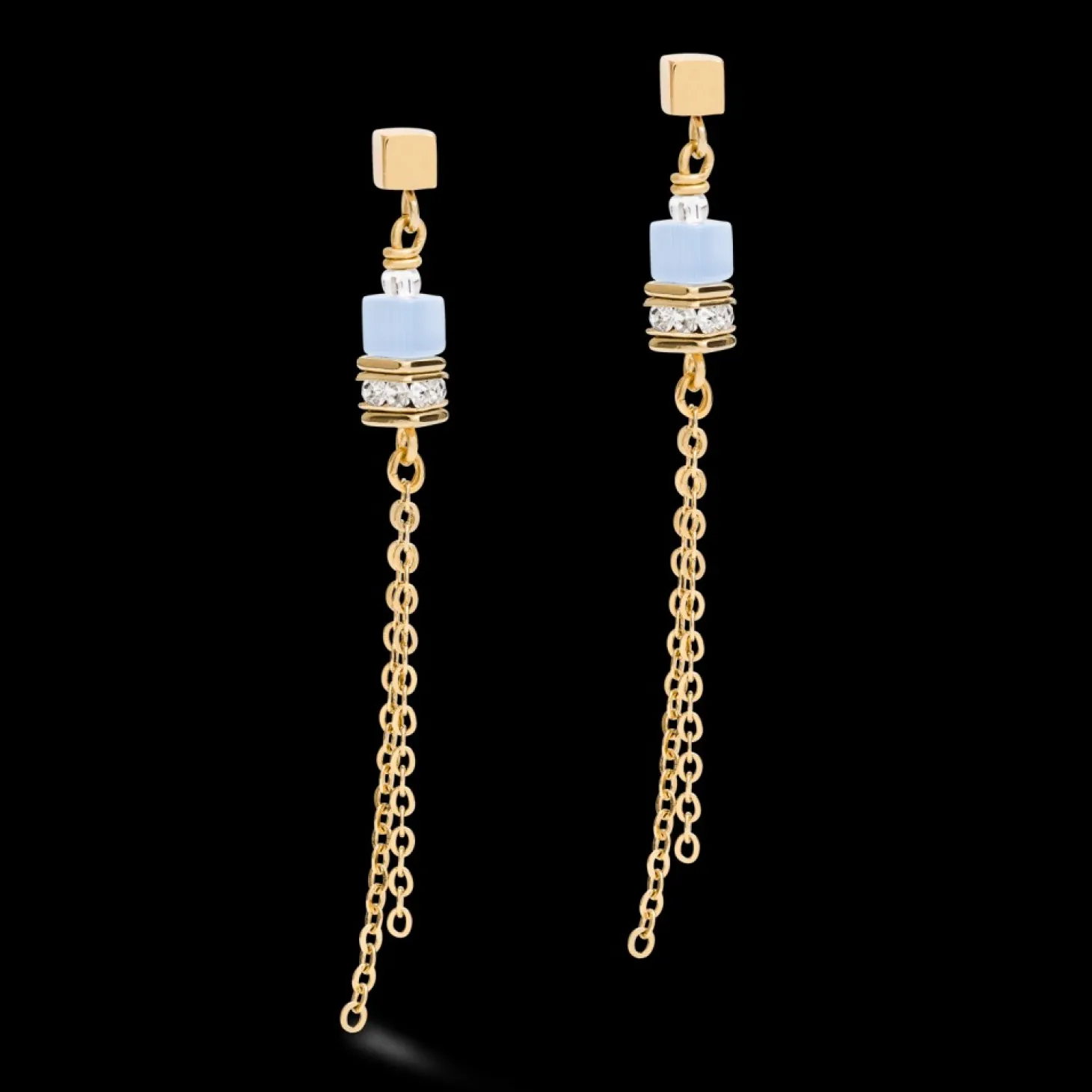 COEUR DE LION Earrings Geocube® Double Chain Long Stainless Steel Gold-Blue