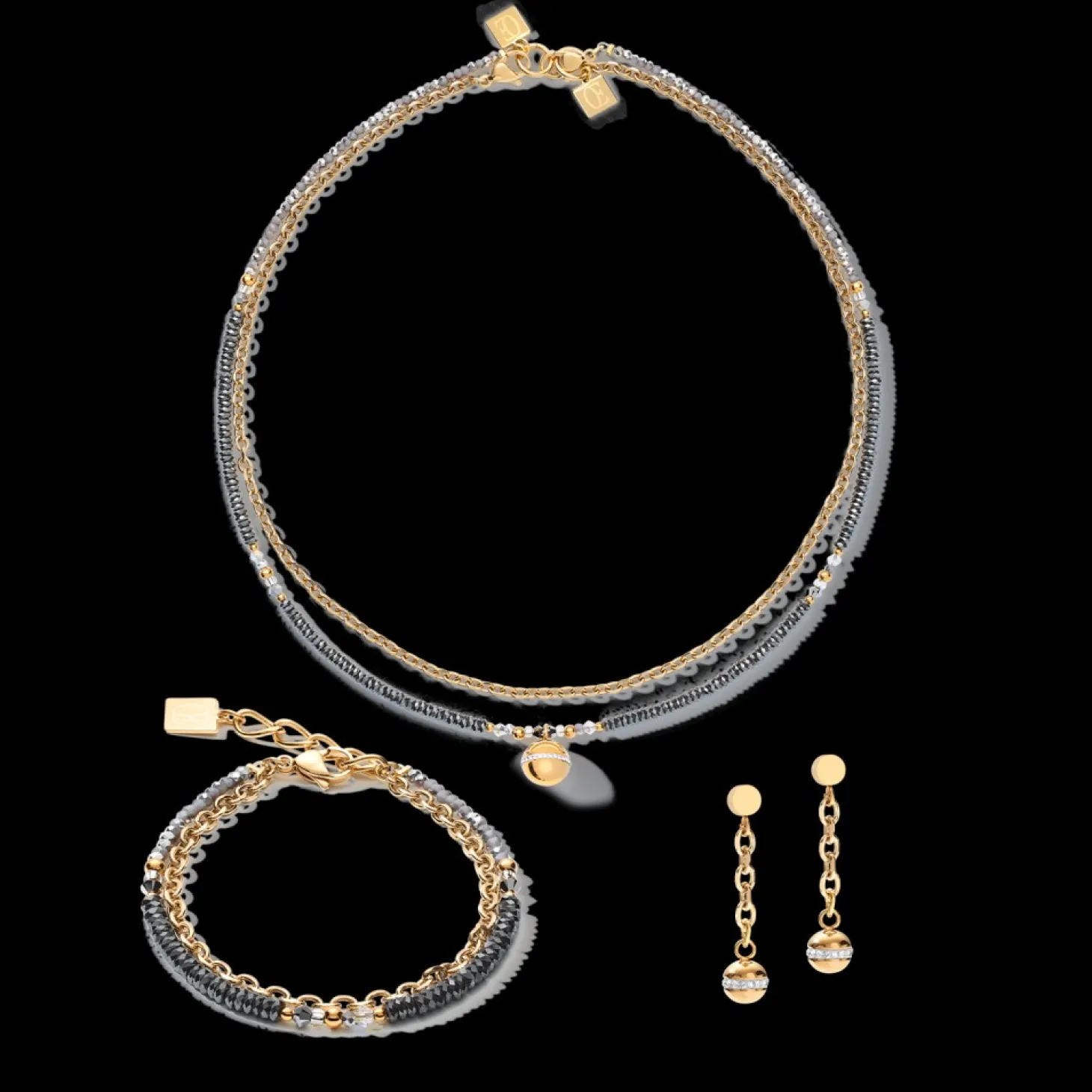 COEUR DE LION Earrings 4-In-1 Ball Stainless Steel Chain & Hematite Gold