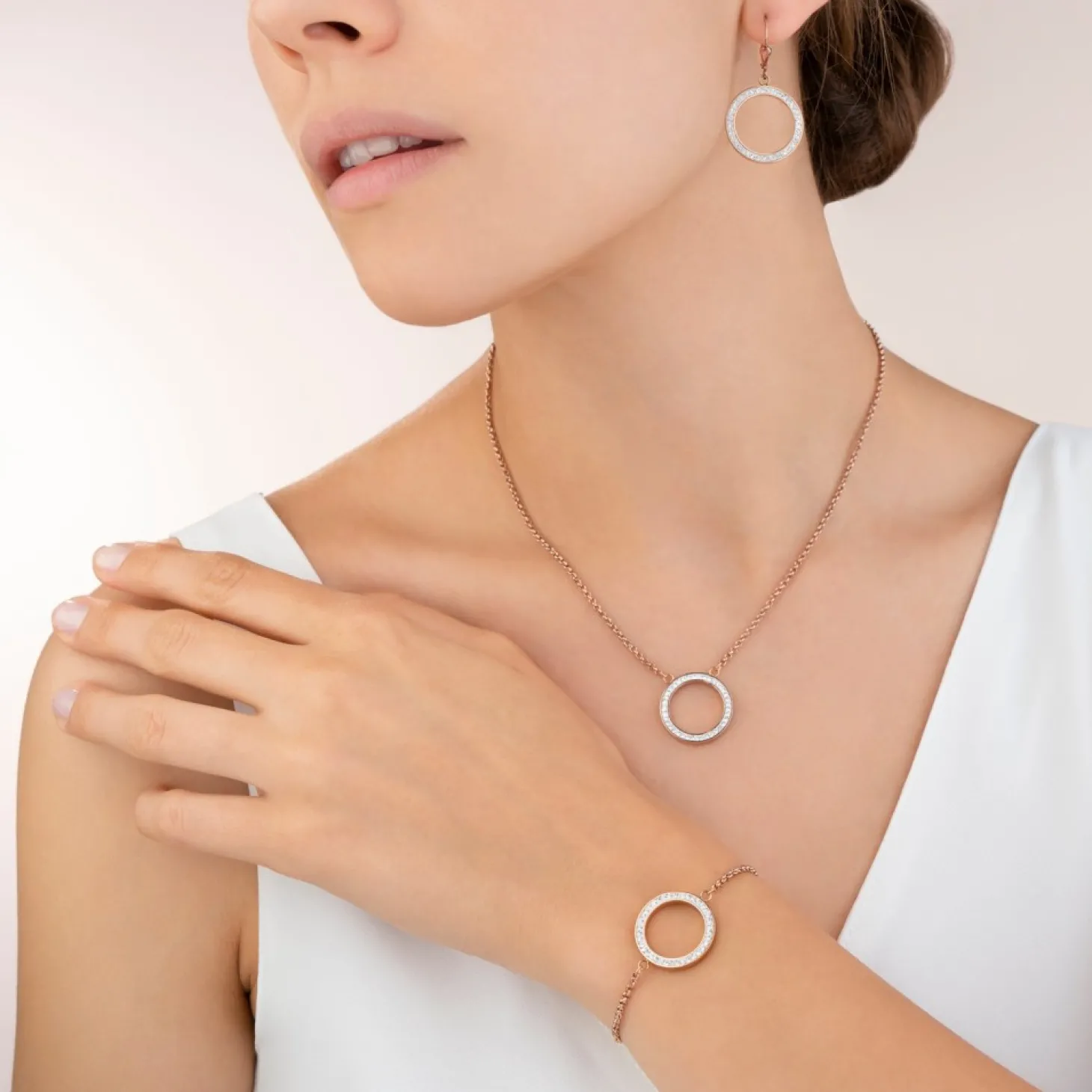 COEUR DE LION Earrings Ring Crystals Pave & Stainless Steel Rose Gold & Crystal