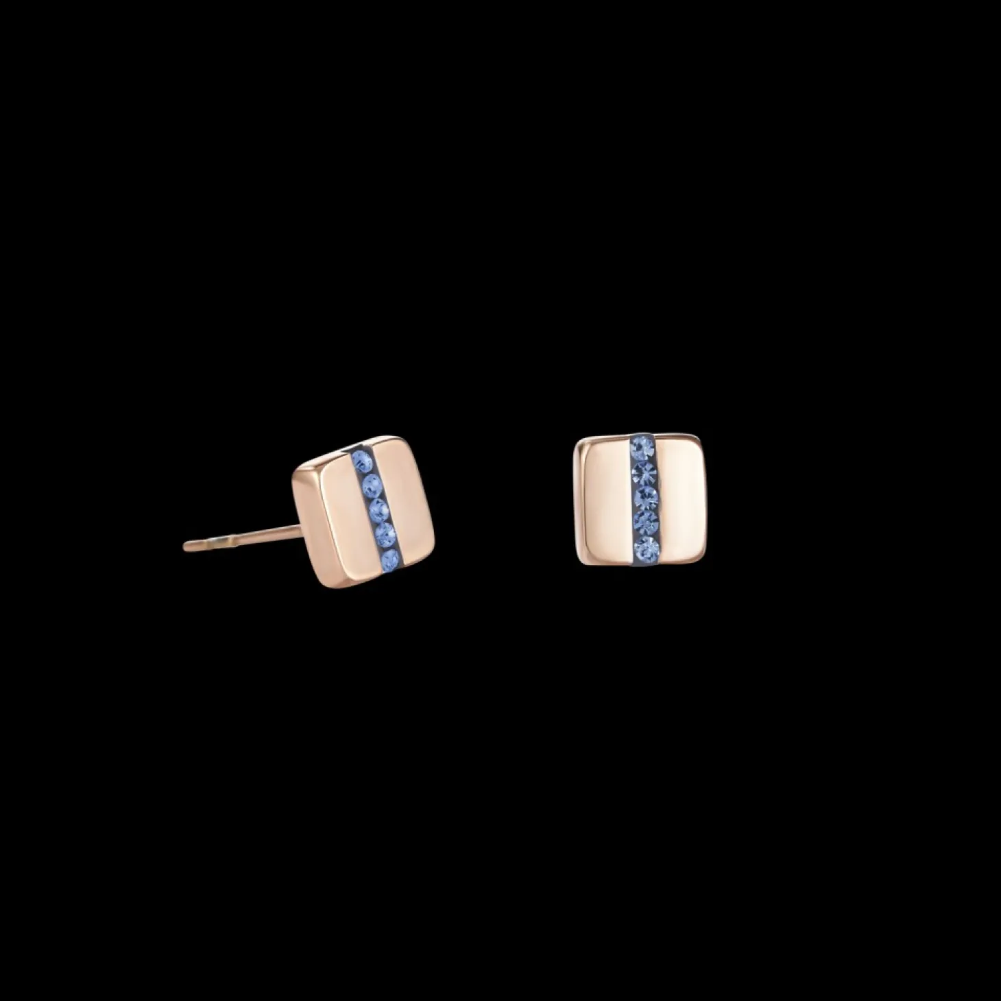 COEUR DE LION Earrings Stainless Steel Square Rose Gold & Crystals Pave Strip Light Blue