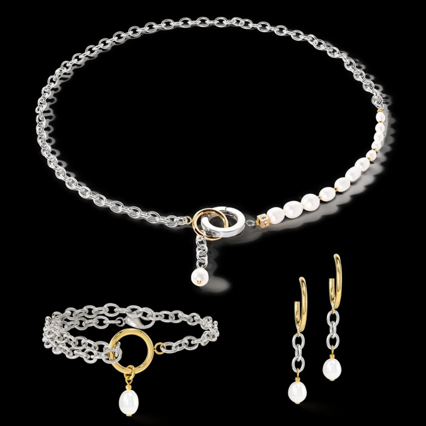 COEUR DE LION Earrings Y & Oval Freshwater Pearls With O-Ring Bicolor