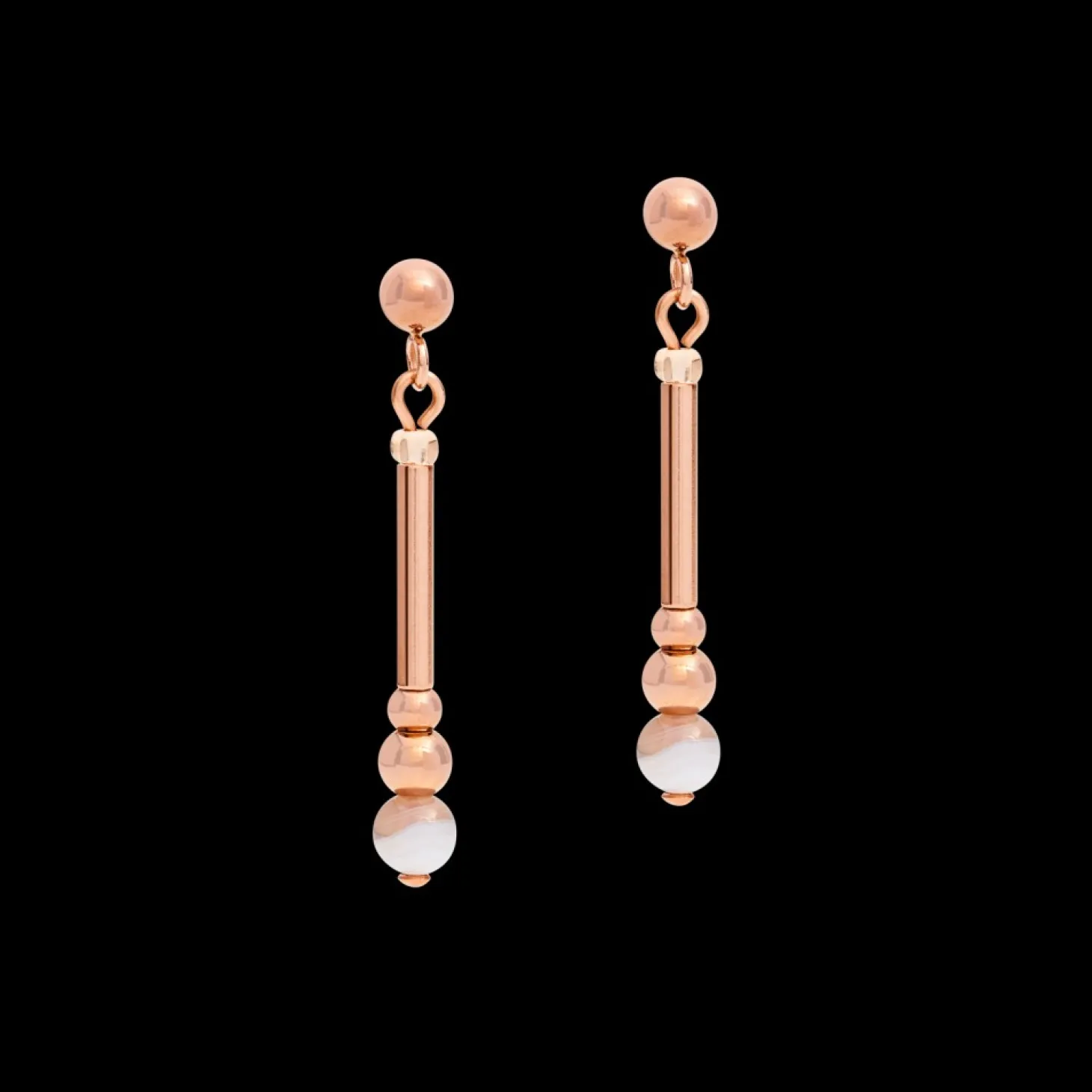 COEUR DE LION Earrings Y2 Botswana Agate Spheres, Crystals Pave & Stainless Steel Rose Gold Beige-Grey