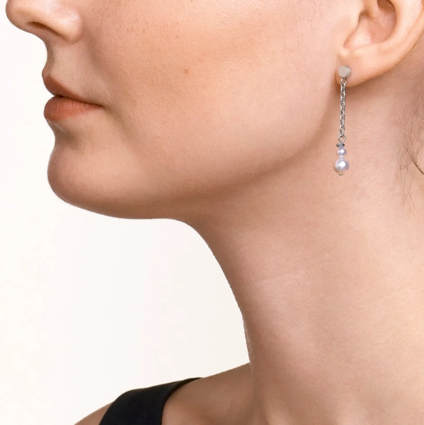 COEUR DE LION Earrings Y Chain & Ring Freshwater Pearls & Stainless Steel White-Silver