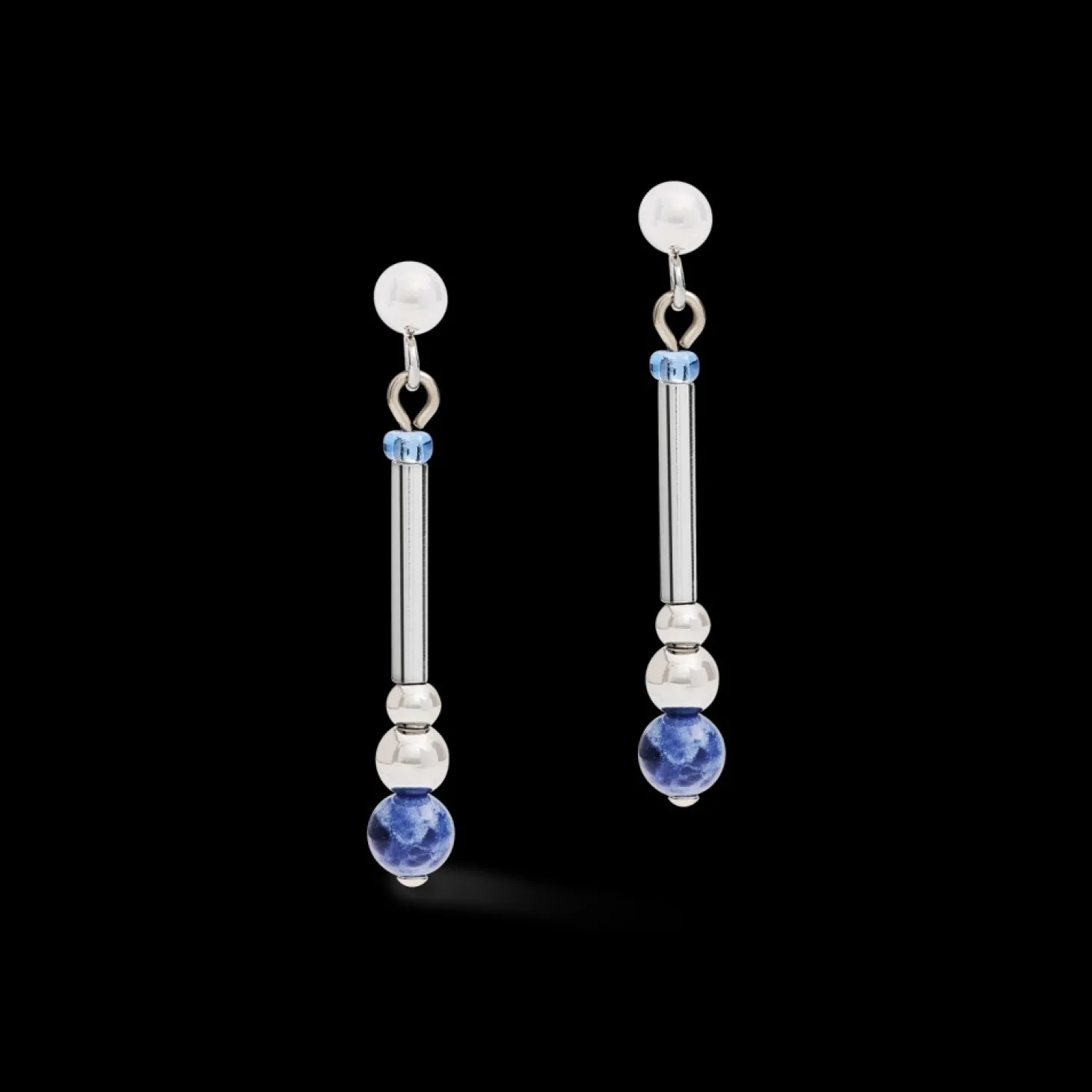 COEUR DE LION Earrings Y2 Sodalite Spheres, Crystals Pave & Stainless Steel Silver Blue