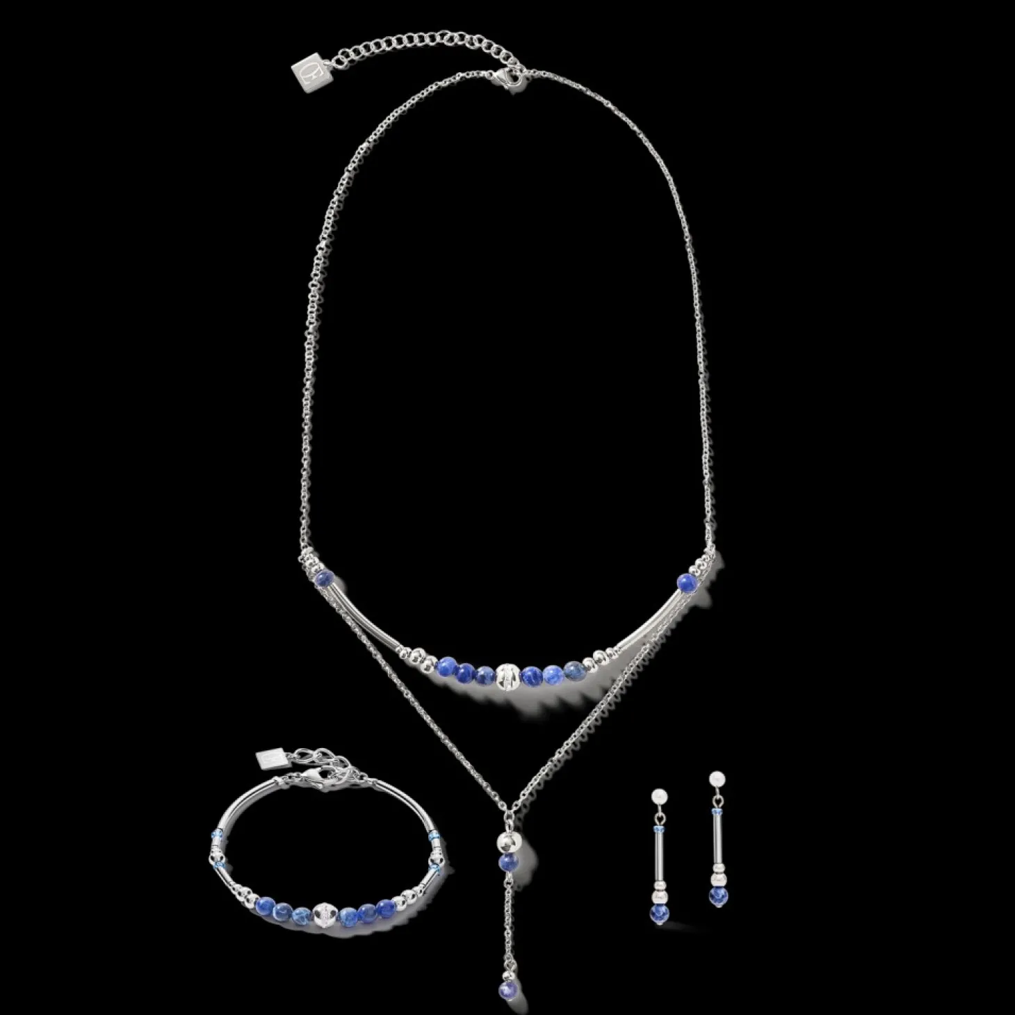 COEUR DE LION Earrings Y2 Sodalite Spheres, Crystals Pave & Stainless Steel Silver Blue