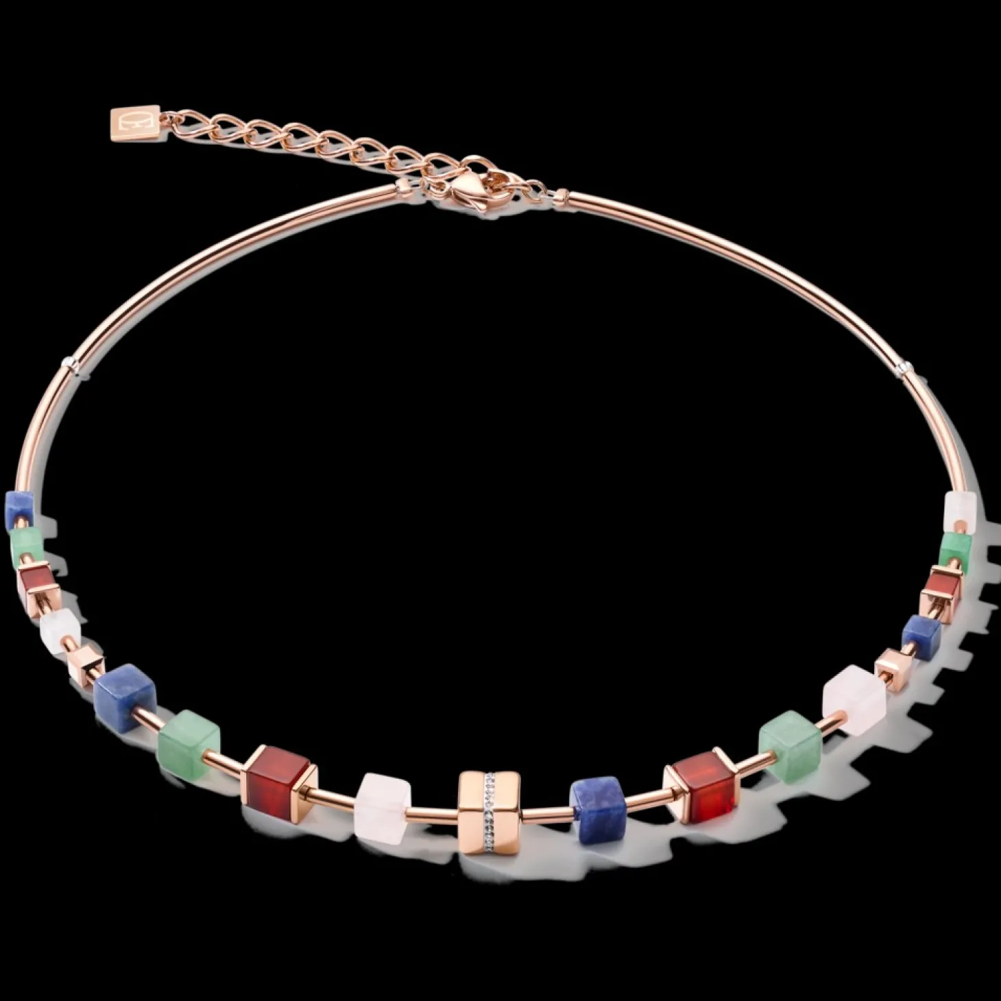 COEUR DE LION Necklace Geocube® Big Kristall Pave Cube, Edelsteine & Edelstahl Rosegold Multicolor Gemstone