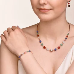 COEUR DE LION Necklace Geocube® Big Kristall Pave Cube, Edelsteine & Edelstahl Rosegold Multicolor Gemstone